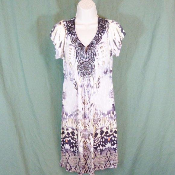 Apt 9 Dress Sz Small Geometric V Neck Beaded Midi - Picture 2 of 12